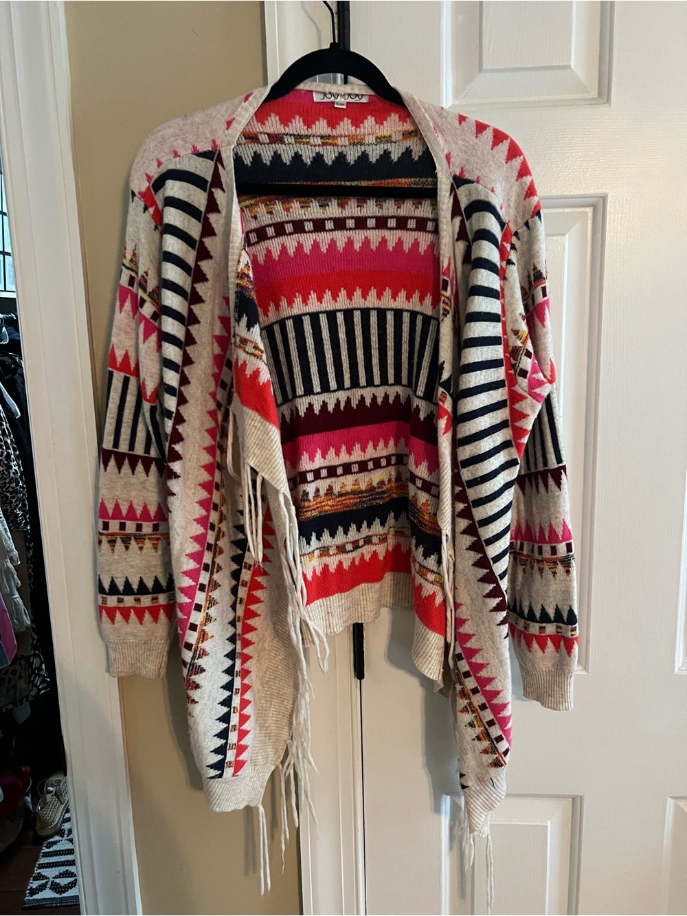 Joy Joy Aztec-Print Open Cardigan in Cream, Pink & Black